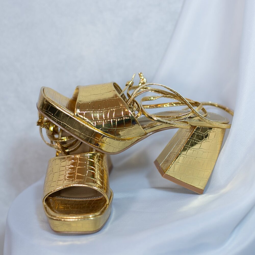 EGO Dreamer Womens Gold Croc Block Platform Heels Shoes Lace Up Size US 8M